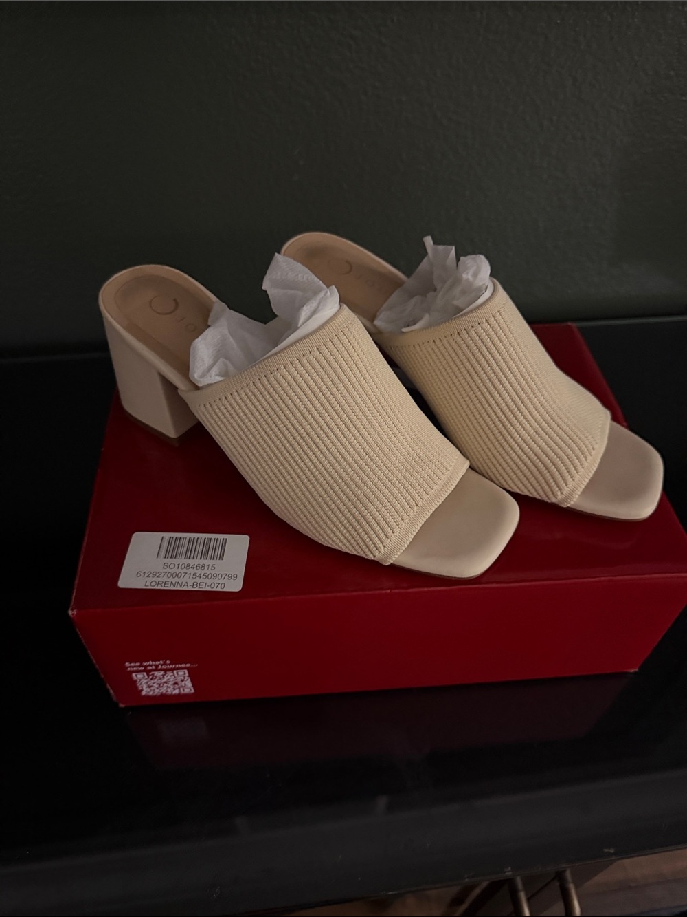 Beige Open-Toe Knit Block Heel Mules